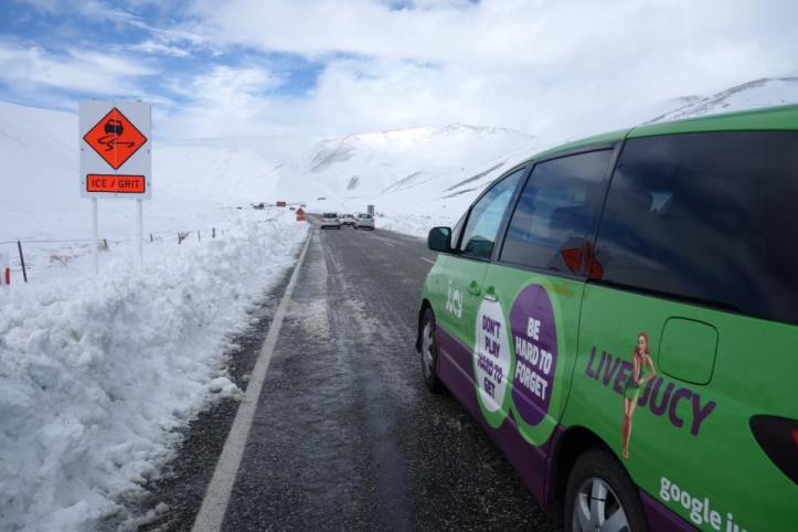 Revving it through the Lindis Pass - Snowy as!